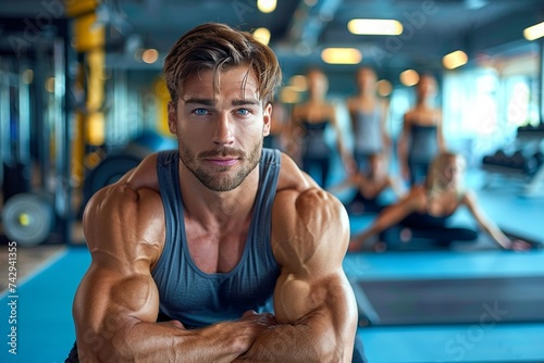 A determined bodybuilder leads a group of individuals in an intense weight training session, his sculpted arms flexing as he motivates them to push through the grueling workout in the gym