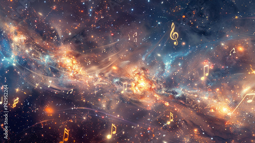 A cosmic symphony of quantum computing with musical notes weaving through the Milky Ways spiral arms