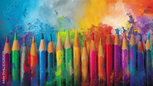Kreativität von Kindern dargestellt mit vielen bunten Stiften in Form von einem Gemälde Hintergrund mit Buntstiften, Generative AI