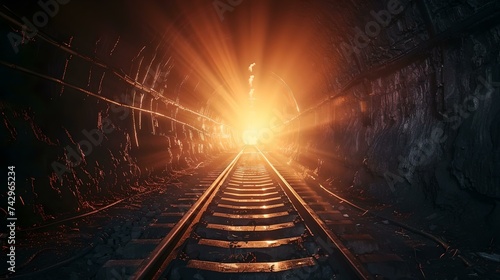 Dramatic railway tunnel with blazing light at the end in dark ambience
