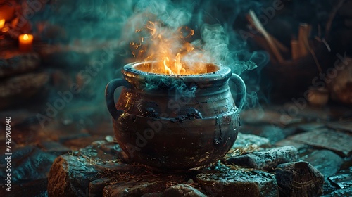 A bubbling cauldron atop a stone hearth, brewing secrets and magic