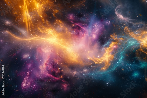 psychedelic space background with abstract patterns and shapes that suggest cosmic phenomena and far-off galaxies. 