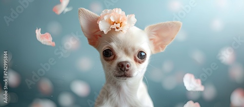 A small white Chihuahua puppy is standing with a flower tucked behind its ear. The dogs fluffy coat contrasts with the bright petals, giving it a charming look.