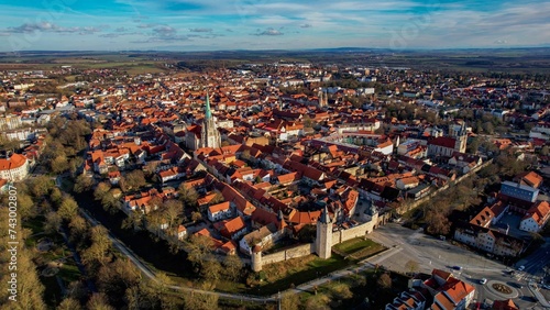 Aerial of the city Mühlhausen in Hesse, Germany on a sunny day in autumn