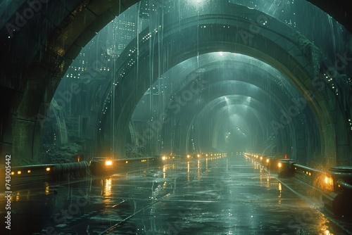 A winding tunnel illuminated by streetlights and drenched in the shimmering glow of rain, leading towards a mysterious outdoor destination shrouded in fog and the promise of adventure