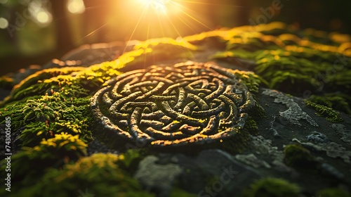 Sunlight filtering through ancient Celtic knot patterns etched on a moss-covered stone