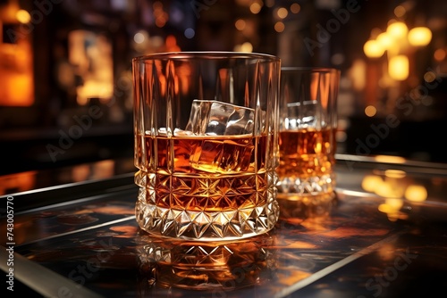 Close up vaso de whisky o bebida con hielos en la barra de un bar. De fondo con efecto bokeh las luces del bar