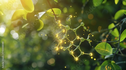 An artistic representation of a transparent photosynthesis molecule, with light particles striking it, set against a lush green background, highlighting plant biology. 8k