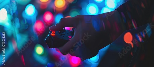 hand hold console game in neon light background