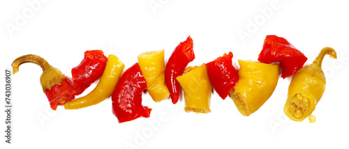 Hot, sour red and green pepperoni pepper isolated on white background, top view 