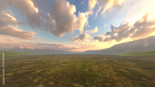 Empty space and green mountains with sky clouds at sunset