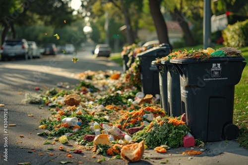 Food scraps: Leftover food fills up trash cans on the side of the road along with urban communities. Dirty environment