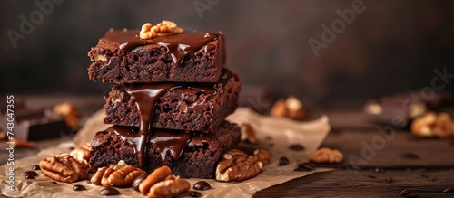 Chocolate spongy brownie cakes with walnuts and melted chocolate topping on a stack. with copy space image. Place for adding text or design