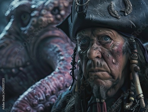 An intricate display where a pirate with a weather-beaten hat and an expression of daring shares his tall tale of wrangling a monstrous Kraken under the ominous storm The backdrop