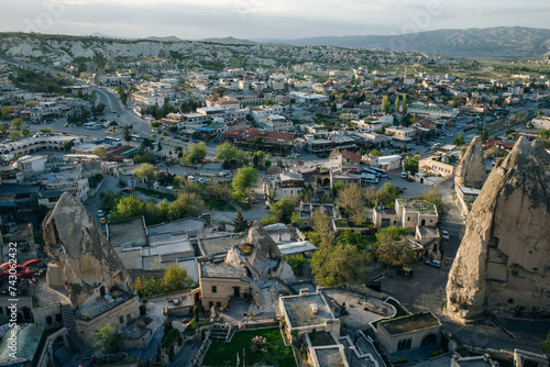 Aerial top down view of Goreme, an old town along the Goreme National Park in Cappadocia