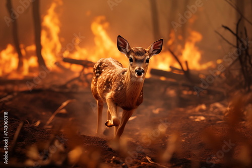 Fawn runs away from fire in the forest. Nature's fury unleashed: a haunting scene of a forest consumed by flames, a stark reminder of the power and devastation of wildfires