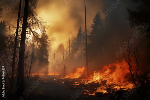 Forest on fire. Ecological catastrophy. A captivating image of a blazing forest, where nature's fury paints the sky with flames, telling a tale of both chaos and resilience in just one snapshot