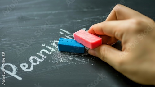 Hand erasing chalkboard with red eraser, concept of correcting plagiarism, educational setting