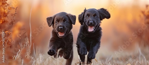 Two energetic black dogs, one a Labrador and the other a Border Collie, are racing across a sunlit field filled with wildflowers and tall grass. Their glossy fur shines in the sunlight as they