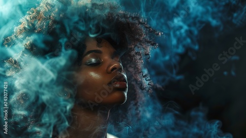 Ethereal beauty amidst blue swirls, afro woman portrait, dreamy artistic photography for decor. AI