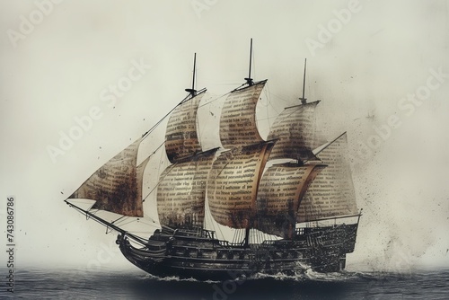 Graphic ship with written sails, metaphor for literary theft, copyright issues, on a pale background with room for additional text