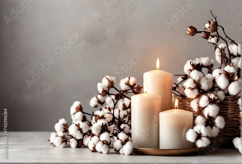 Stylish table with cotton flowers and scented candles against a light wall.