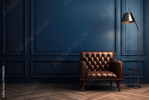 A mock up of a navy blue classic wainscoted wall with dark brown parquet floor, a golden lamp and a brown vintage leather armchair. Elegant interior background.