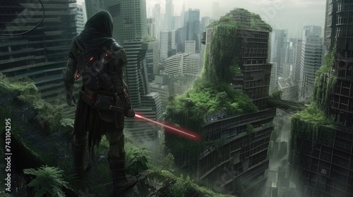 A post apocalyptic landscape where a lone samurai with a laser saber stands against a backdrop of ruined skyscrapers overrun by nature