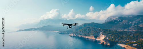 Closeup drone taking view of mountains and sea.