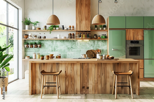 Modern wooden interior kitchen with different cabinets and island