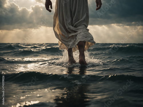 Jesus walking on water close up of feet walking on sea or ocean