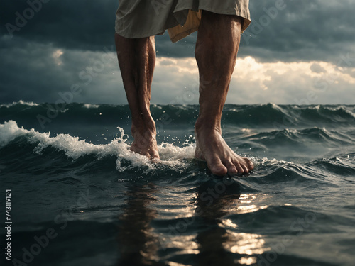 Jesus walking on water close up of feet walking on sea or ocean