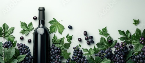 A bottle of red wine is placed in the center, surrounded by clusters of ripe grapes and green vine leaves on a wooden surface.
