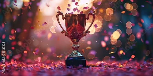 Golden trophy cup with confetti, bokeh background