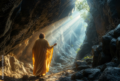 Man dressed in an orange robe with his back towards the camera, praying with hand raised toward the light that enters the cave like rays from heaven, depiction of prophet or saint in a cave.Copy space