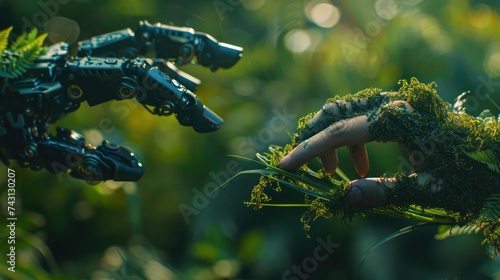 Nature and technology abstract concept, robot hand and natural hand covered with grass reaching to each other, tech and nature union, cooperation