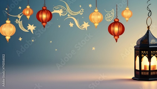 ramadan islamic greeting card of crescent moon decoration and lanterns with copy space area banner created with generative ai 