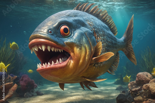 Fearful piranha with teeth and open mouth in water