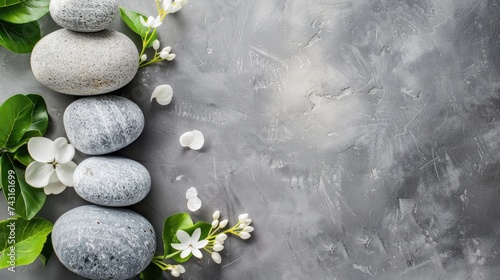 White flower and spa stones on the grey background