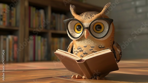 cute cartoon owl reading a book in a library