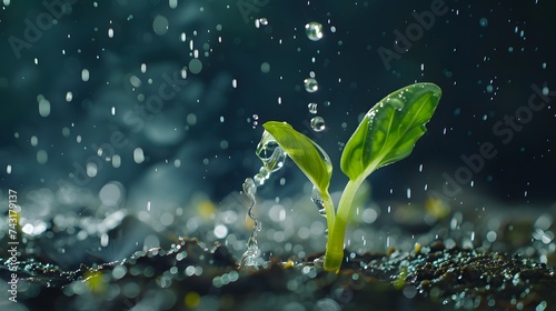 Agriculture. Watering one green sprout in the soil field. Water drops for irrigation. Concept of agriculture, green sprout is watered by raindrops. Sprout grows in the soil. ecology concept.