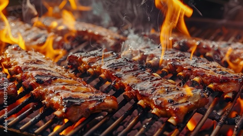 bbq pork ribs cooking on flaming grill. grilling baby back pork ribs over flaming grill