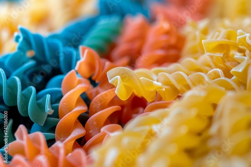 Close-up of vibrant, multicolored fusilli pasta, uncooked and coiled.