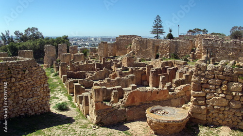 Stone walls and foundations in the Carthaginian ruins in Tunis, Tunisia
