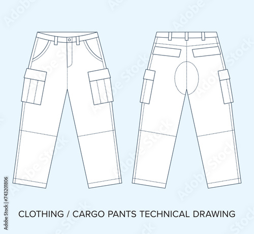 Blank Cargo Pants Technical Drawing, Apparel Blueprint for Fashion Designers. Detailed Editable Vector Illustration, Black and White Clothing Schematics, Isolated Background. 