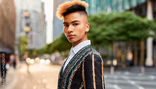 Handsome Nonbinary. Side view of self assured young androgynous male with short dyed hair in stylish clothing standing on street and looking at camera with confidence. eminine facial features