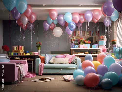 Festive interior of a room decorated with balloons and gifts for a birthday celebration