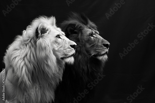 Majestic contrast: white and black lions side by side