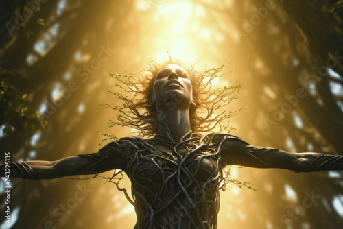 Mystical dryad with tree branches blending into forest.