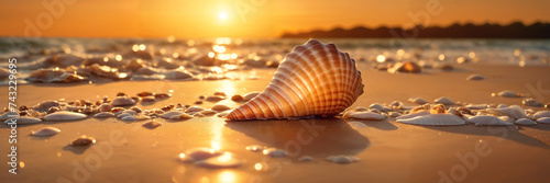 Tranquil beachscape with seashells and orange sky at sunset on sandy beach